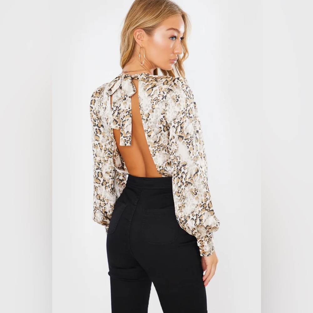 Satin Leopard Wrap Front Tie Back Bodysuit